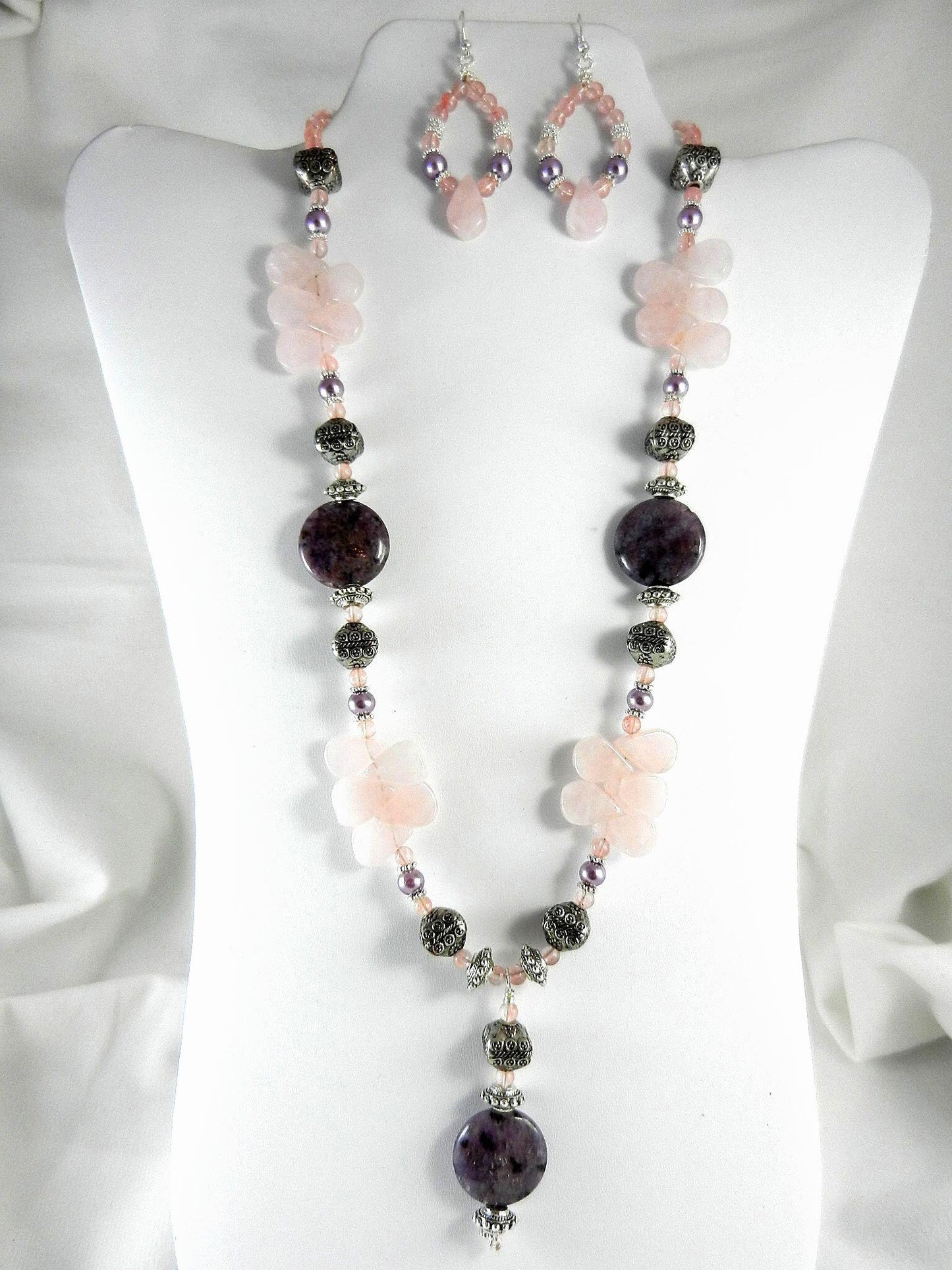 Rose Quartz Purple Jasper and Cherry Quartz Silver Necklace with Matching Earrings