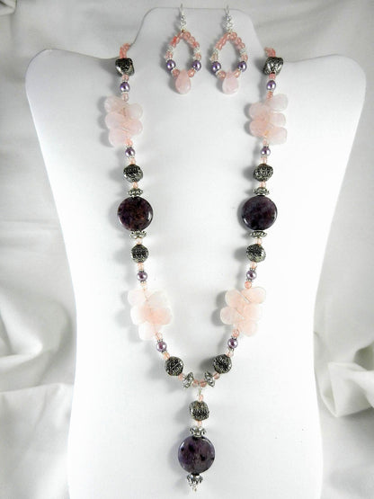 Rose Quartz Purple Jasper and Cherry Quartz Silver Necklace with Matching Earrings