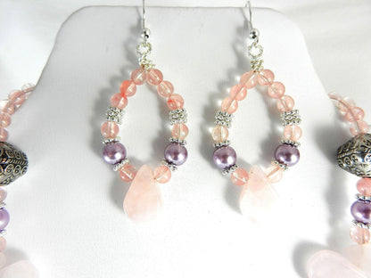 Rose Quartz Purple Jasper and Cherry Quartz Silver Necklace with Matching Earrings