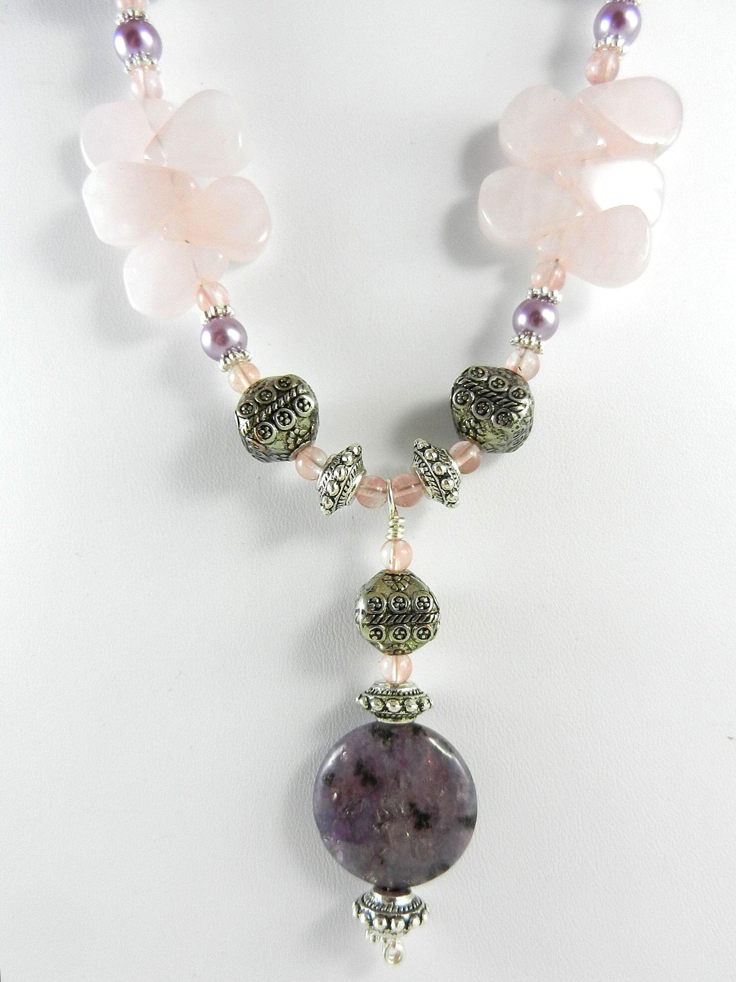 Rose Quartz Purple Jasper and Cherry Quartz Silver Necklace with Matching Earrings