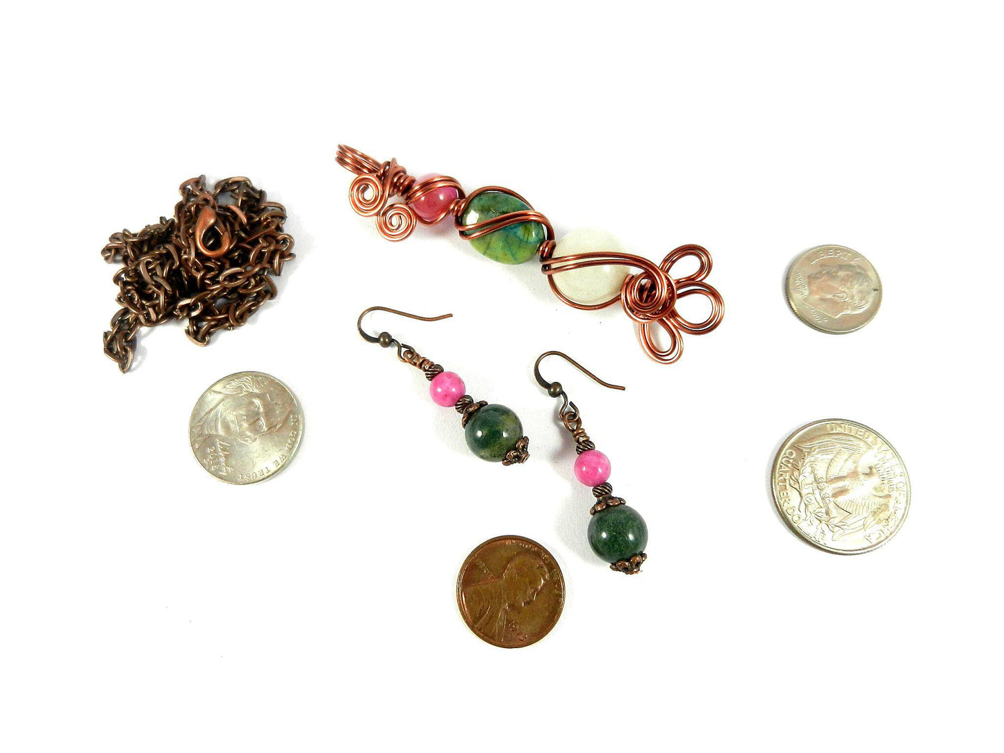 Pink and Green Agate and White Jade Pendant Copper Wire Wrapped with Matching Earrings