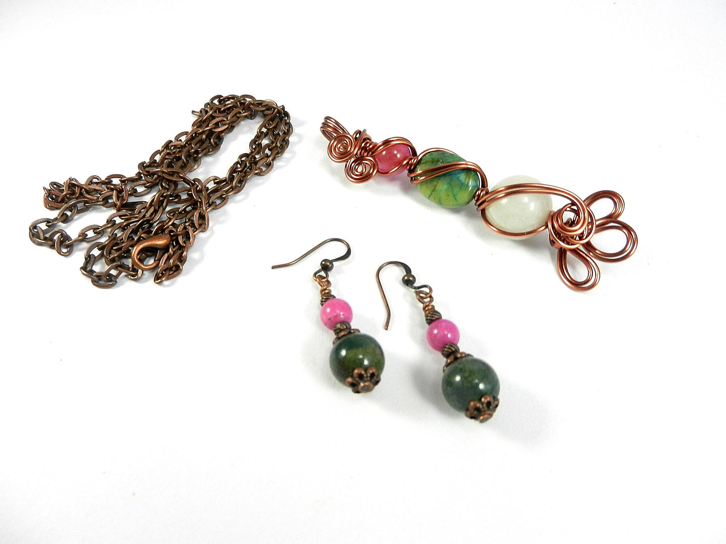 Pink and Green Agate and White Jade Pendant Copper Wire Wrapped with Matching Earrings