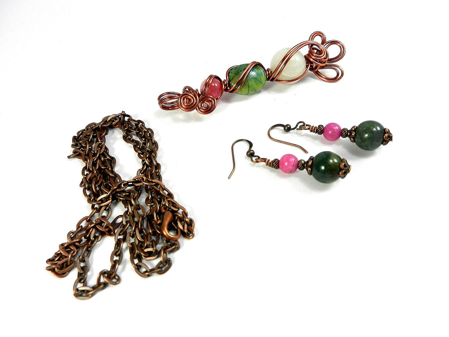 Pink and Green Agate and White Jade Pendant Copper Wire Wrapped with Matching Earrings