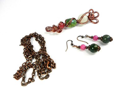 Pink and Green Agate and White Jade Pendant Copper Wire Wrapped with Matching Earrings