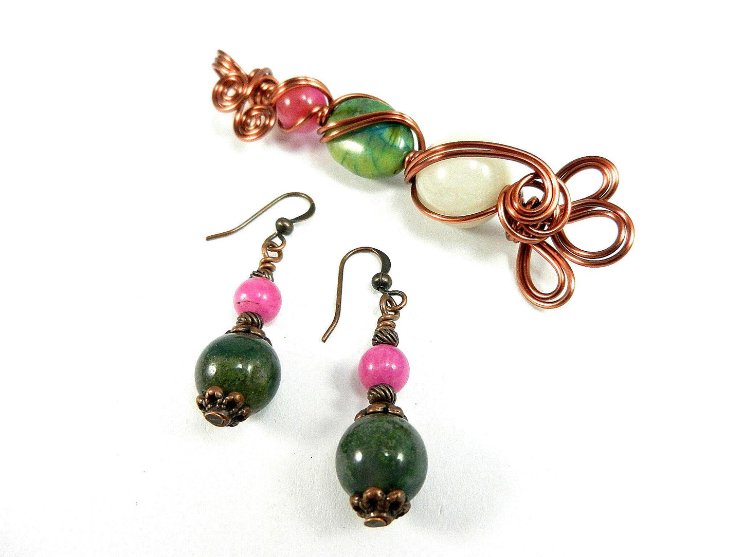Pink and Green Agate and White Jade Pendant Copper Wire Wrapped with Matching Earrings