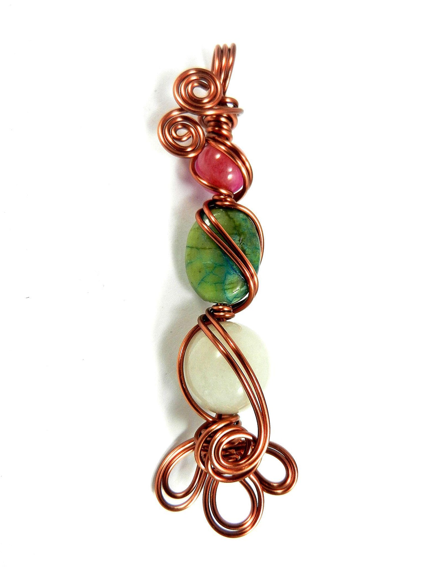 Pink and Green Agate and White Jade Pendant Copper Wire Wrapped with Matching Earrings