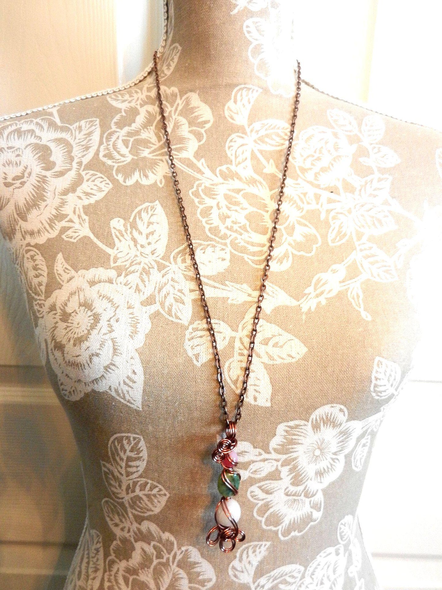 Pink and Green Agate and White Jade Pendant Copper Wire Wrapped with Matching Earrings