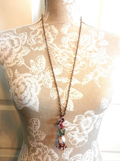 Pink and Green Agate and White Jade Pendant Copper Wire Wrapped with Matching Earrings