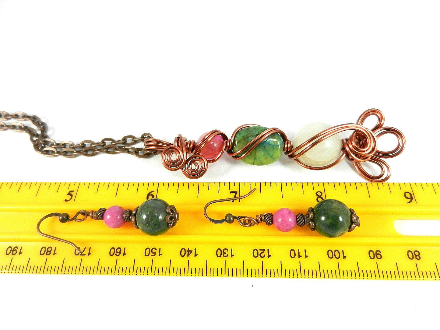 Pink and Green Agate and White Jade Pendant Copper Wire Wrapped with Matching Earrings