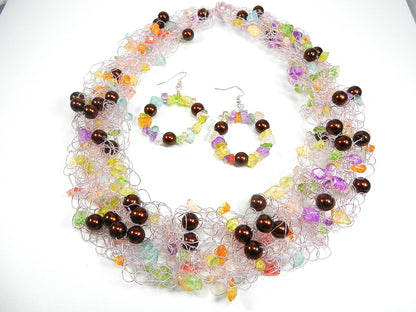 Pink Wire Crocheted Necklaces with Pink Green Blue Quartz Chip Gemstone Beads and Brown Pearls with Matching Earrings