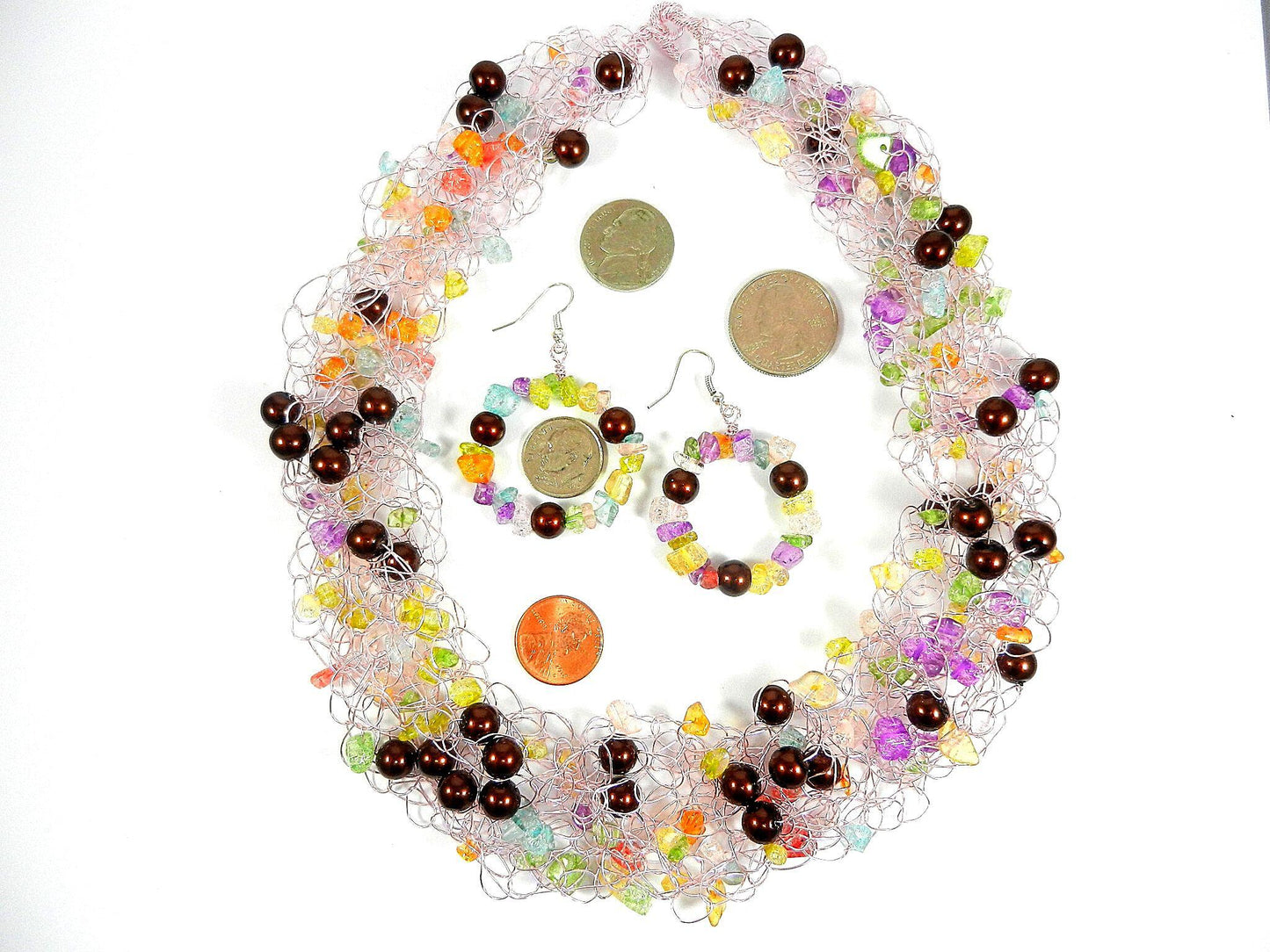 Pink Wire Crocheted Necklaces with Pink Green Blue Quartz Chip Gemstone Beads and Brown Pearls with Matching Earrings