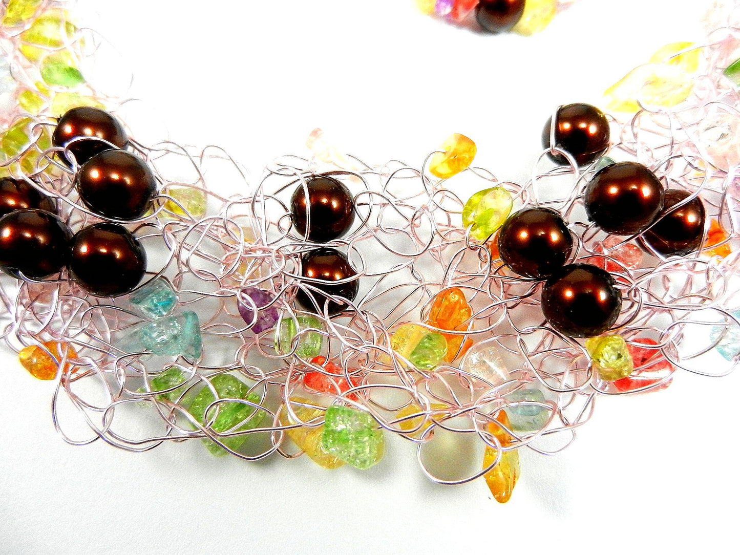Pink Wire Crocheted Necklaces with Pink Green Blue Quartz Chip Gemstone Beads and Brown Pearls with Matching Earrings