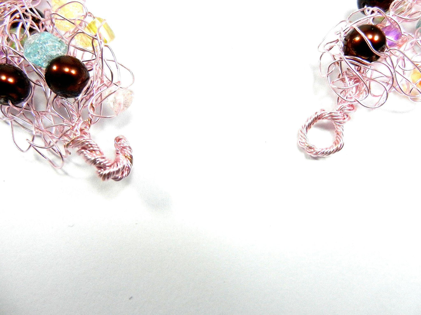 Pink Wire Crocheted Necklaces with Pink Green Blue Quartz Chip Gemstone Beads and Brown Pearls with Matching Earrings