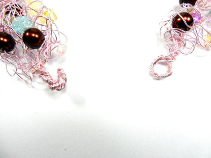Pink Wire Crocheted Necklaces with Pink Green Blue Quartz Chip Gemstone Beads and Brown Pearls with Matching Earrings