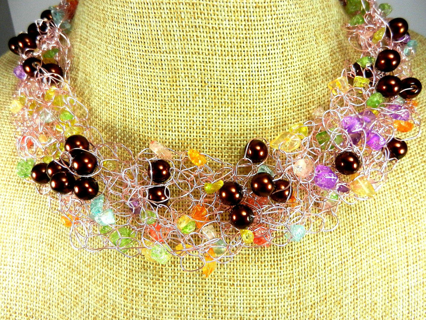 Pink Wire Crocheted Necklaces with Pink Green Blue Quartz Chip Gemstone Beads and Brown Pearls with Matching Earrings