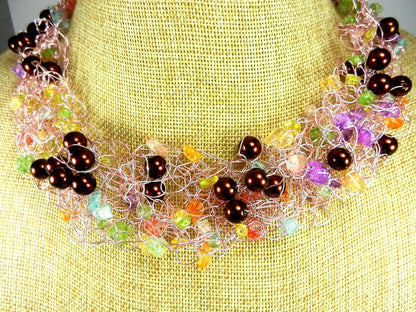 Pink Wire Crocheted Necklaces with Pink Green Blue Quartz Chip Gemstone Beads and Brown Pearls with Matching Earrings