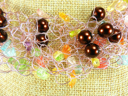 Pink Wire Crocheted Necklaces with Pink Green Blue Quartz Chip Gemstone Beads and Brown Pearls with Matching Earrings