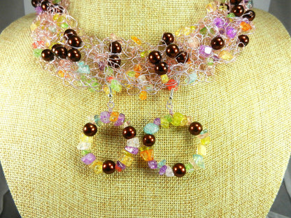 Pink Wire Crocheted Necklaces with Pink Green Blue Quartz Chip Gemstone Beads and Brown Pearls with Matching Earrings