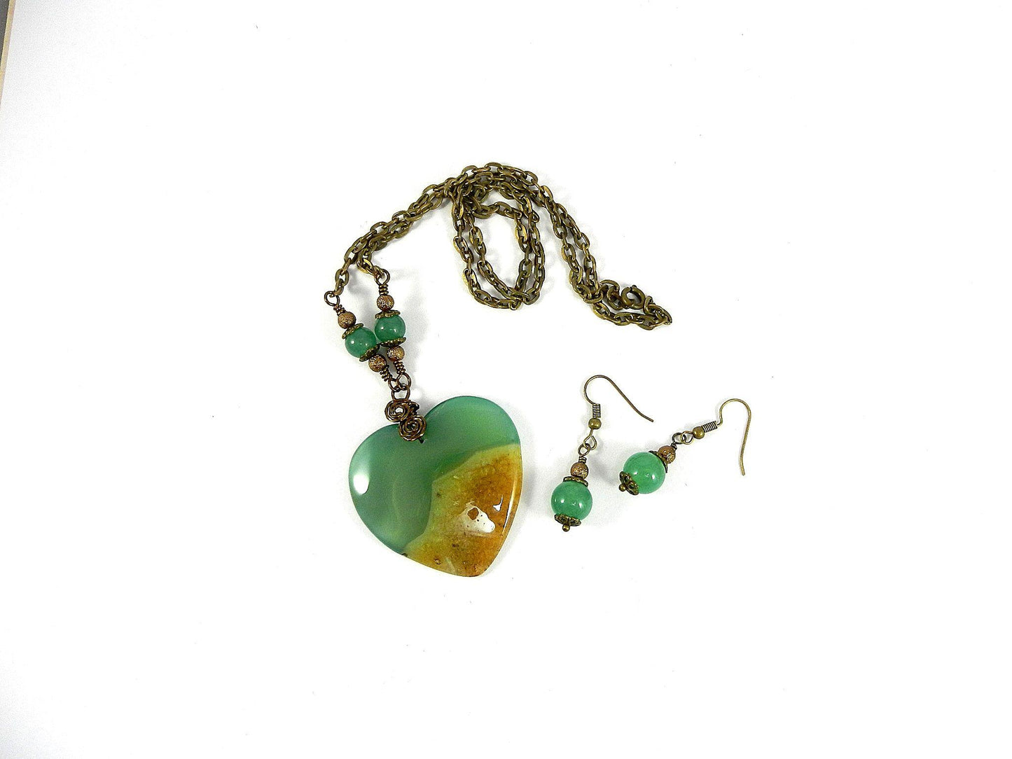 Agate Heart in Gold and Green Bronze Wire Wrapped with Matching Aventurine Earrings