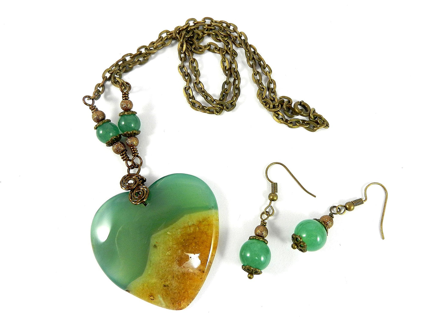 Agate Heart in Gold and Green Bronze Wire Wrapped with Matching Aventurine Earrings