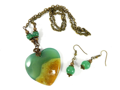 Agate Heart in Gold and Green Bronze Wire Wrapped with Matching Aventurine Earrings