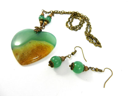 Agate Heart in Gold and Green Bronze Wire Wrapped with Matching Aventurine Earrings