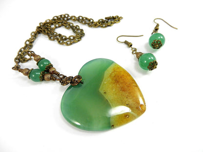 Agate Heart in Gold and Green Bronze Wire Wrapped with Matching Aventurine Earrings