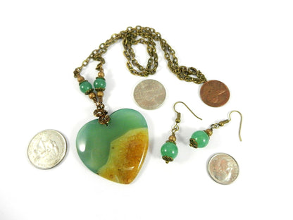 Agate Heart in Gold and Green Bronze Wire Wrapped with Matching Aventurine Earrings