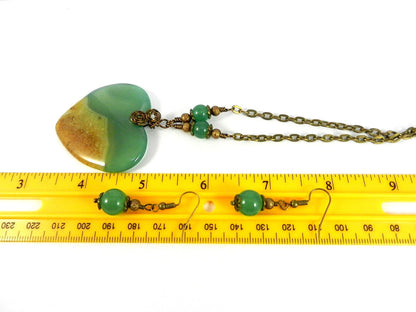Agate Heart in Gold and Green Bronze Wire Wrapped with Matching Aventurine Earrings
