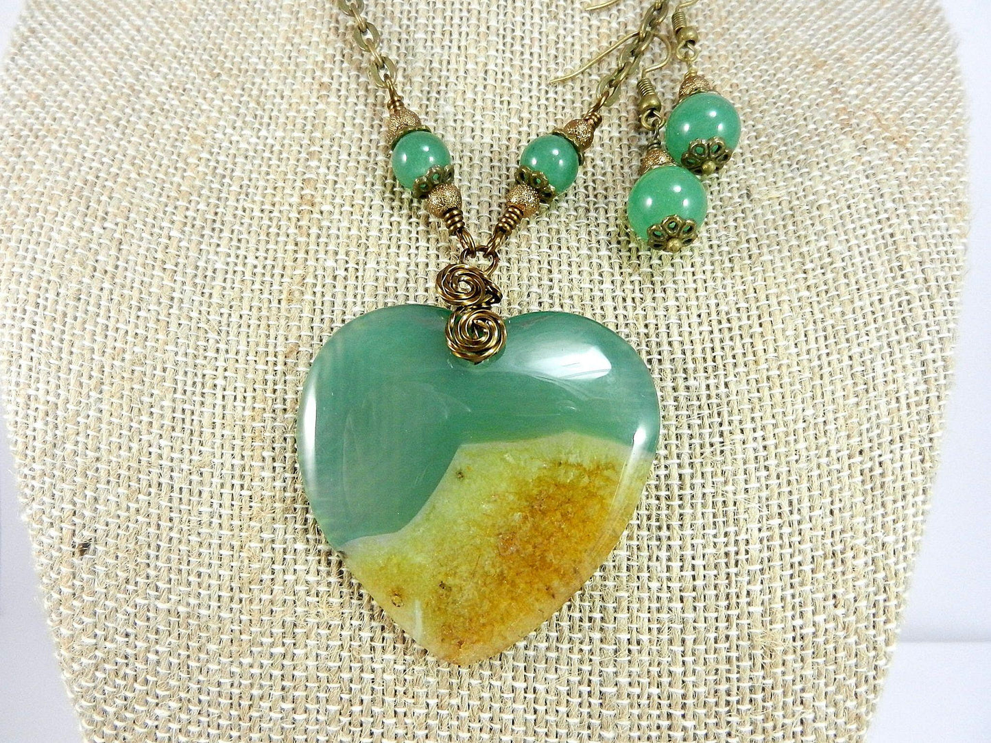 Agate Heart in Gold and Green Bronze Wire Wrapped with Matching Aventurine Earrings