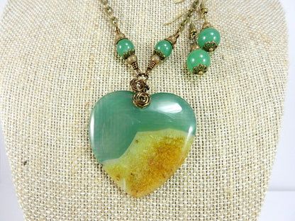 Agate Heart in Gold and Green Bronze Wire Wrapped with Matching Aventurine Earrings