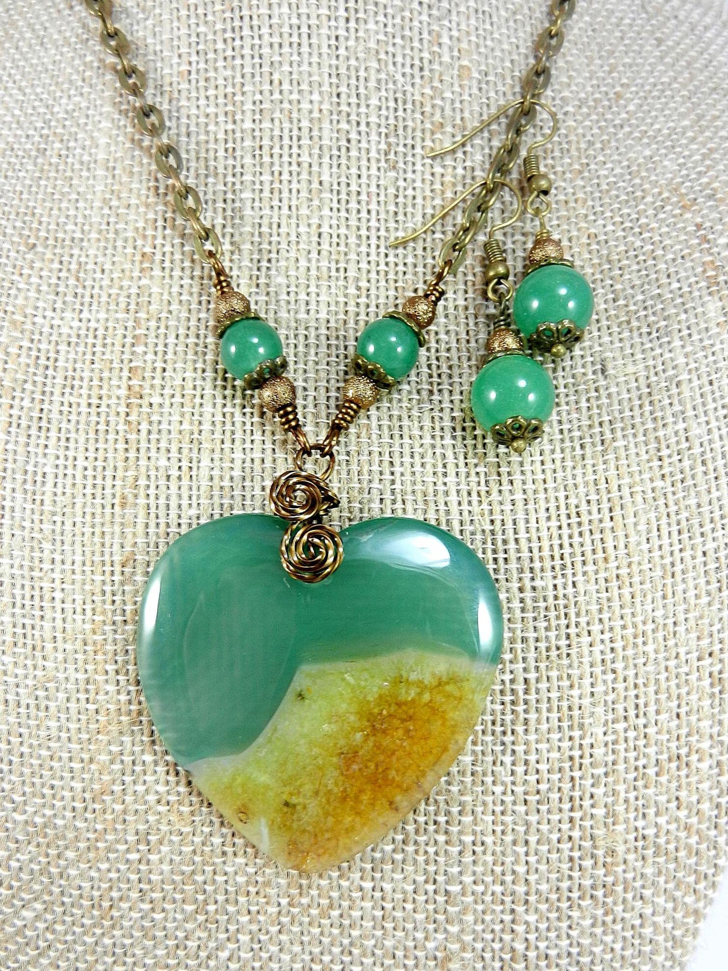 Agate Heart in Gold and Green Bronze Wire Wrapped with Matching Aventurine Earrings