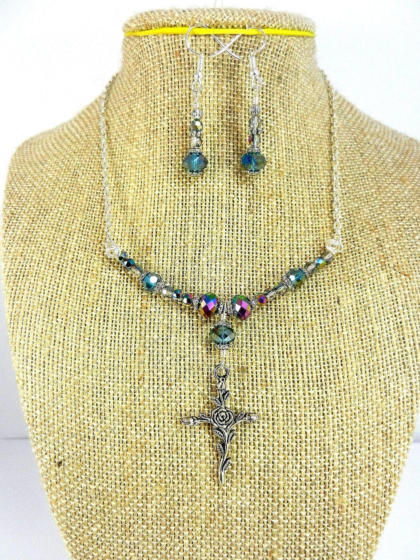 Silver Cross Necklace with Purple Crystals with Matching Earrings