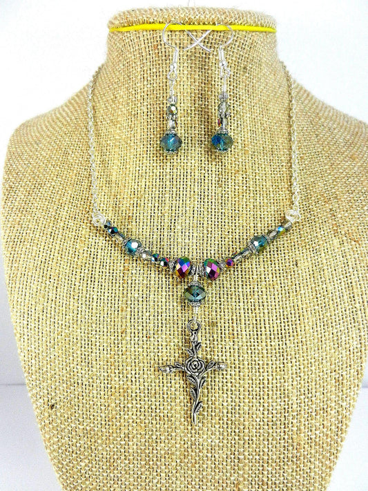 Silver Cross Necklace with Purple Crystals with Matching Earrings