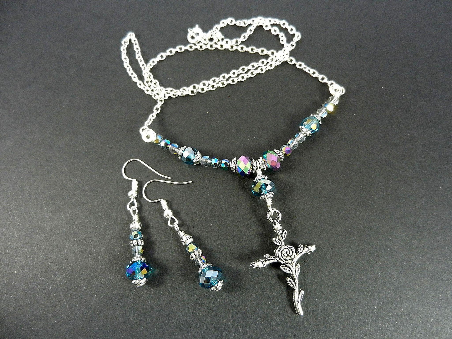 Silver Cross Necklace with Purple Crystals with Matching Earrings