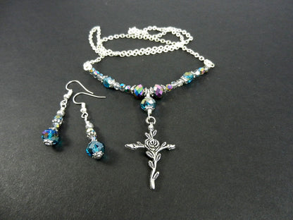 Silver Cross Necklace with Purple Crystals with Matching Earrings
