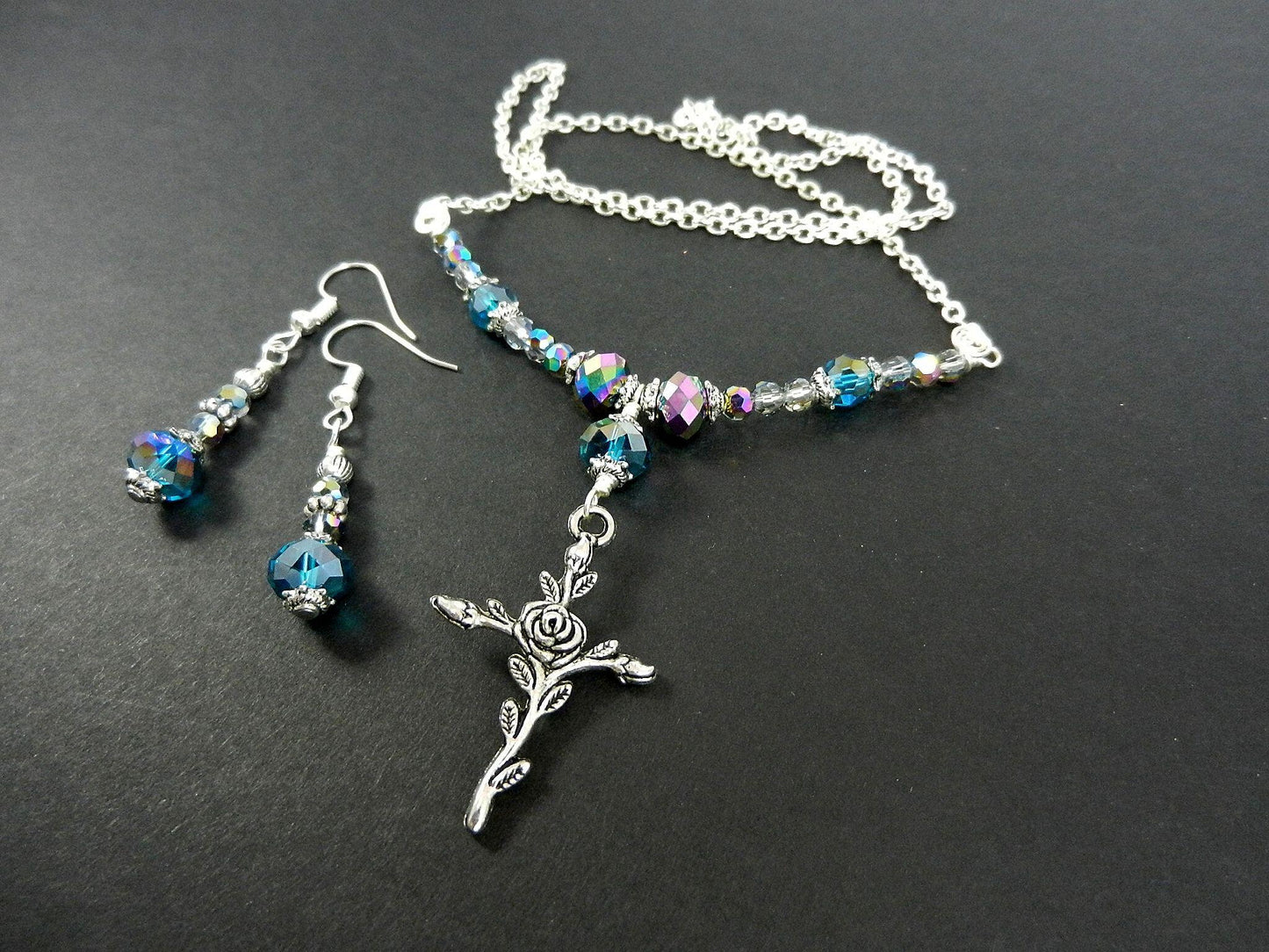 Silver Cross Necklace with Purple Crystals with Matching Earrings