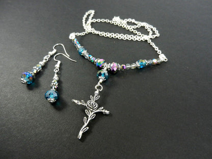 Silver Cross Necklace with Purple Crystals with Matching Earrings