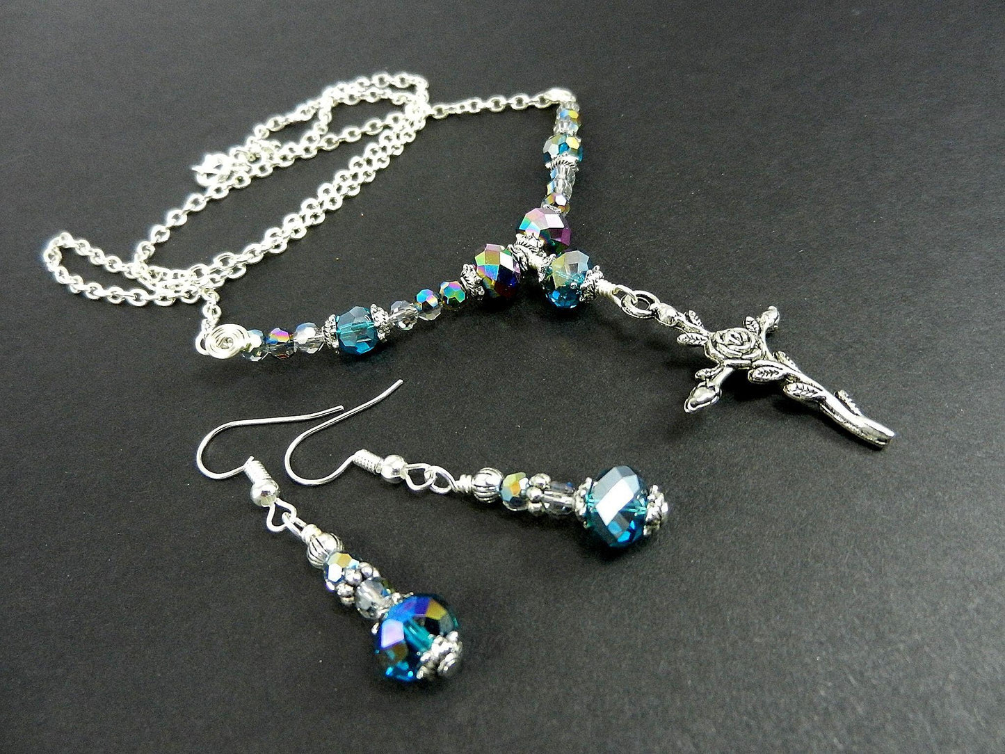Silver Cross Necklace with Purple Crystals with Matching Earrings