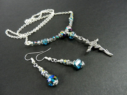 Silver Cross Necklace with Purple Crystals with Matching Earrings