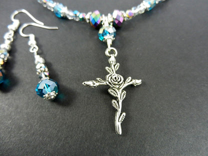 Silver Cross Necklace with Purple Crystals with Matching Earrings
