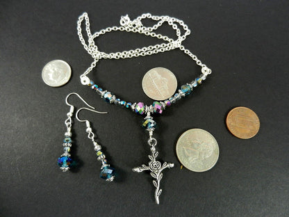 Silver Cross Necklace with Purple Crystals with Matching Earrings