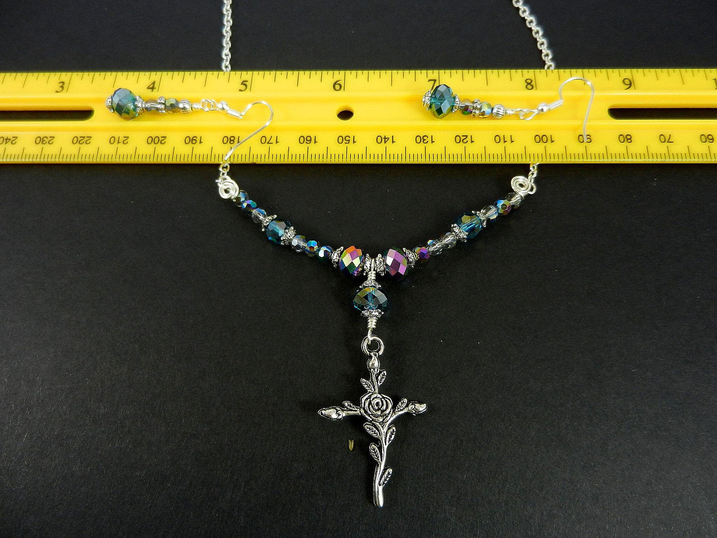 Silver Cross Necklace with Purple Crystals with Matching Earrings