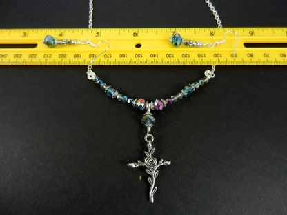 Silver Cross Necklace with Purple Crystals with Matching Earrings