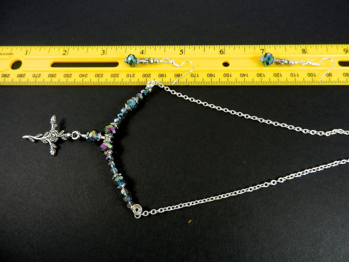 Silver Cross Necklace with Purple Crystals with Matching Earrings
