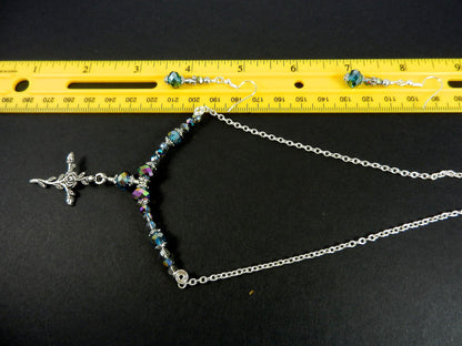 Silver Cross Necklace with Purple Crystals with Matching Earrings