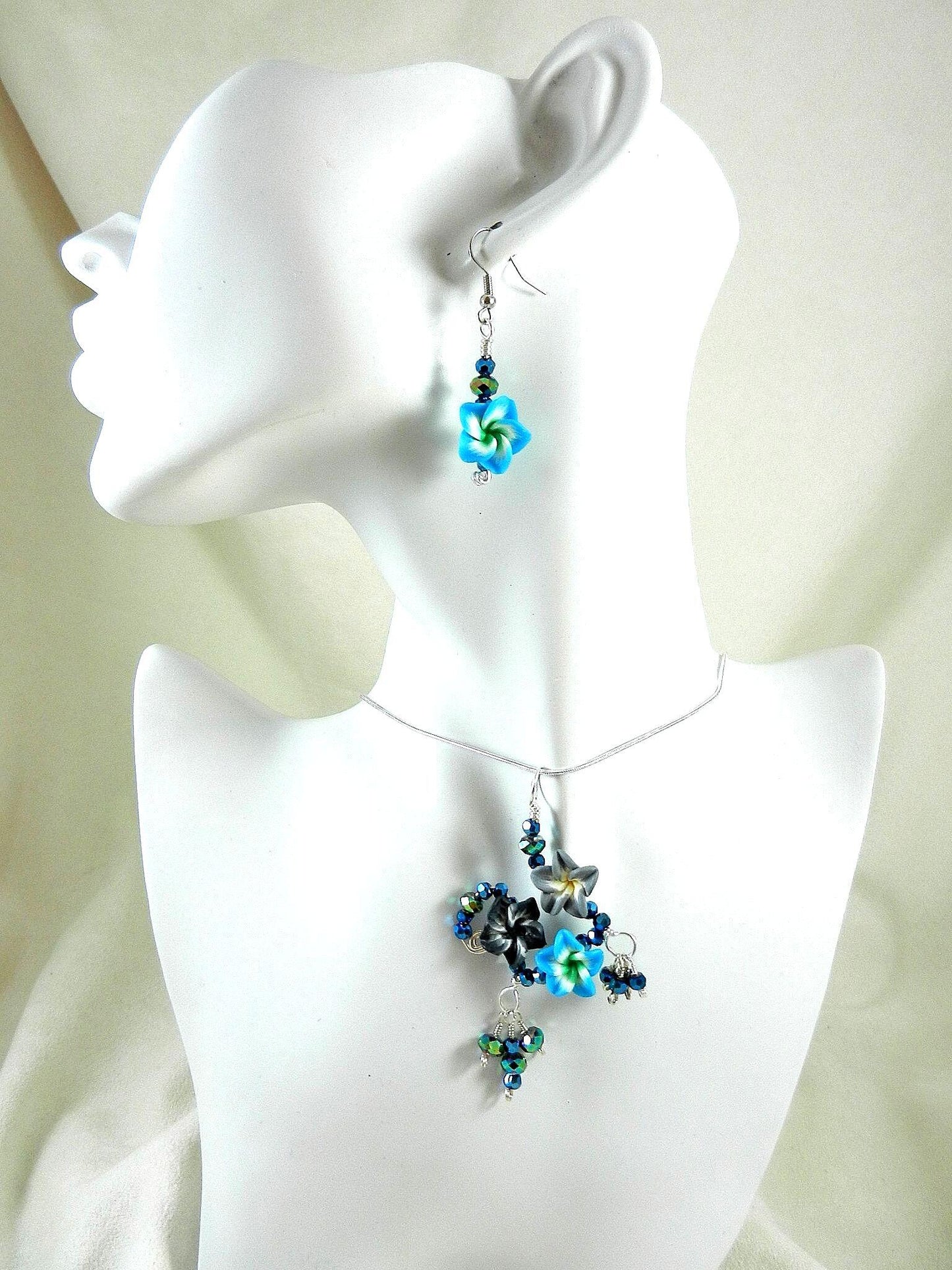 Silver Wire Wrapped Blue Flower on Sterling Silver Necklace with Matching Earrings