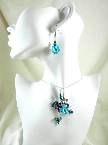 Silver Wire Wrapped Blue Flower on Sterling Silver Necklace with Matching Earrings