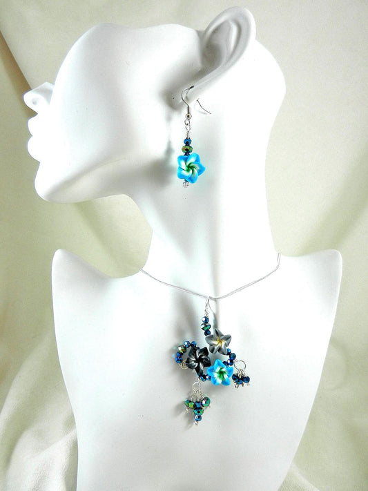 Silver Wire Wrapped Blue Flower on Sterling Silver Necklace with Matching Earrings