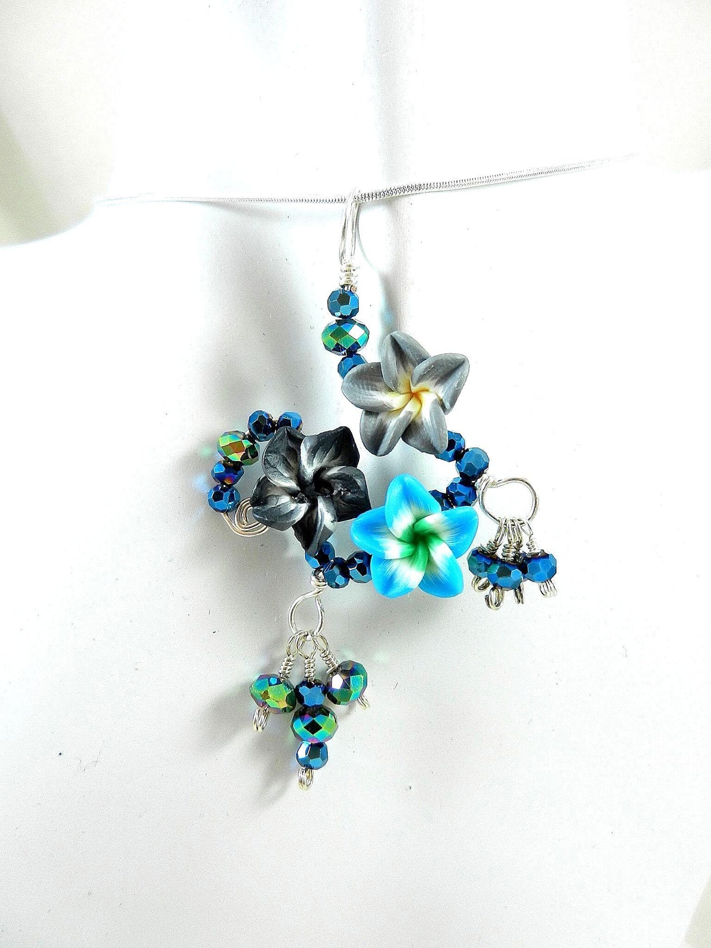 Silver Wire Wrapped Blue Flower on Sterling Silver Necklace with Matching Earrings